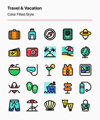 Customizable travel and vacation icon set consisting of travel, tourism, and beach vacation elements. Perfect for apps, websites, advertisements, marketing, business, agency, etc