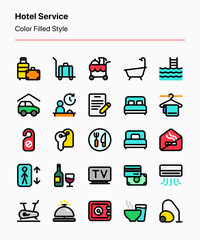 Customizable set of hotel service icons consisting of hotel-related elements, objects, and facilities. Perfect for website, ads, marketing, signage, etc