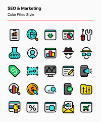 Customizable set of SEO and marketing icons covering elements of internet marketing, data analysis, website optimization, etc. Perfect for app and web interfaces, businesses, agencies, and others