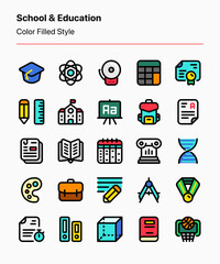 Customizable school and education icons covering education elements, learning subjects, materials, and documents. Perfect for apps and websites interfaces, publications, businesses, presentations, etc