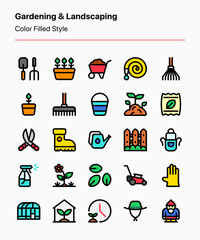 Customizable set of gardening and landscaping icons covering gardening tools and equipment. Perfect apps and websites interfaces, business, e-commerce, and product catalogs, etc