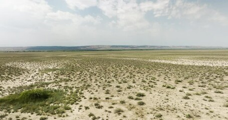 Vast sandy arid steppe plain with grass turfs in Vashlovani, Georgia.