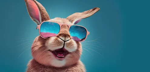 Foto op Canvas Cool bunny with sunglasses on colorful background. Generative Ai © Tijana