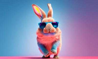 Cool bunny with sunglasses on colorful background. Generative Ai - 570226428