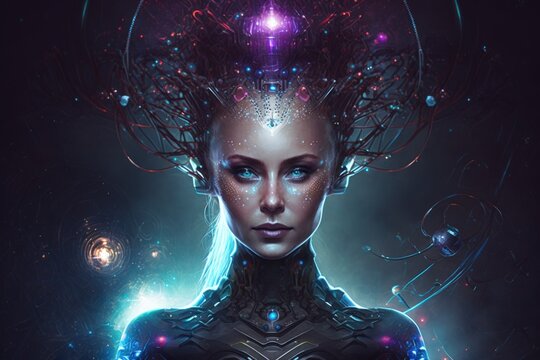 Science fiction illustration Queen of the Datasphere artificial intelligence android female alien. Generative AI