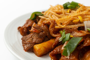 Bean sprouts bulgogi on a white background