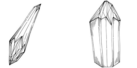 Cristal vector illustration. Abstract modern geometric objects with diamond shapes, crystals. Black and white hand draw.