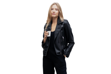 Fashionable woman leather jacket and coffee cup, isolated, transparent background, PNG.