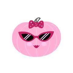 Pink pumpkin with sunglasses. Vector Illustration for printing, backgrounds, covers and packaging. Image can be used for greeting cards, posters, stickers and textile. Isolated on white background.