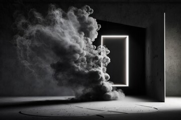 Smoking in a cement chamber with a concrete floor. Black cement wall with elegant light background and texture for product display. Background of an abstract studio in a black room. Generative AI