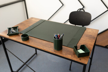 office workers empty table with leather mat