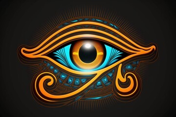 a bright neon style emblem of the Eye of Horus. protective sign from ancient Egypt. Eye of Ra to the left. Generative AI - obrazy, fototapety, plakaty