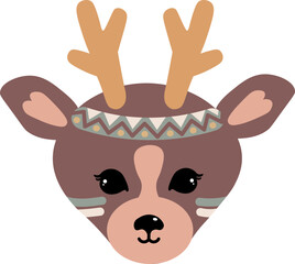 Deer face with feather headband, poster for kids room, greeting cards, kids and baby clothes. Isolated vector.