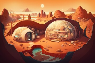 Conceptual picture of a Mars settlement colony and the terraforming of Mars. Generative AI - obrazy, fototapety, plakaty