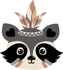 Raccoon face with feather headband, poster for kids room, greeting cards, kids and baby clothes. Isolated vector.