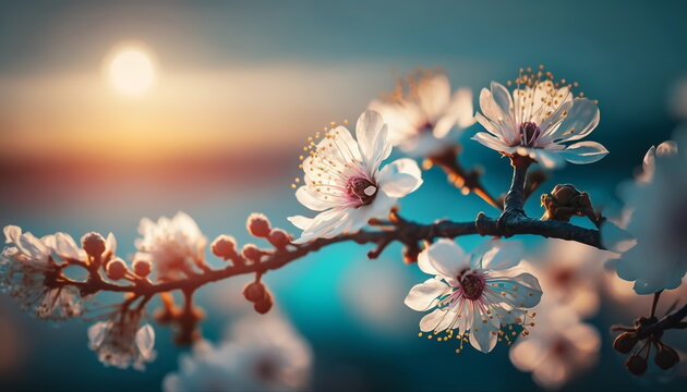 spring landscape blooming flowers on trees ,sakura with pink and white flowers on blue sunset sky at sun light,generated ai