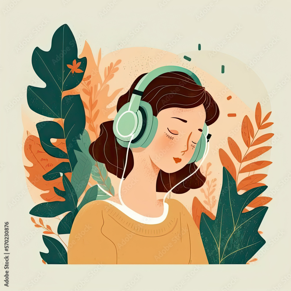 Wall mural Woman listening to music and relaxing with headphones. Flat illustration. Generative AI