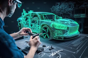 An engineer designing an electric car using augmented reality and viewing the car as a projection or hologram in high-tech laboratory. Generative ai - obrazy, fototapety, plakaty