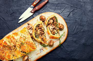 Slice autumn pie with mushrooms ,space for text