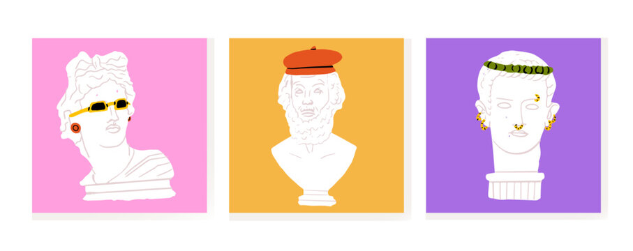 Set of three greece statue with modern element on bright background. Caligula, Appolo, Homer. T-shirt print design template. Hand drawn Vector illustration.