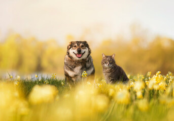 friends cat and dog are sitting on a sunny spring blooming meadow
