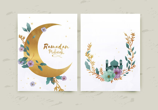 Ramadan Mubarak Greeting or Invitation Card Designed with Golden Crescent Moon and Water Colour Flowers, Mosque and Text Placeholder for Your Message. 