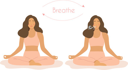A woman sits in the lotus position  does breathing exercises for good relaxation. Breathe in and go out to rest. Deep breathing method and Meditation. The concept of health and well-being.Healthy yoga - obrazy, fototapety, plakaty