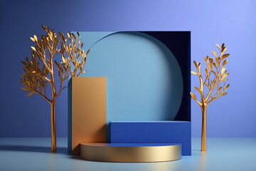 3D background, podium display, natural, blue banner backdrop with light and shadow, product promotion beauty cosmetic