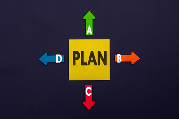PLAN A or B or C or D - inscription of a yellow paper note next to an four colorful arrows over a dark blue background. Business strategy, failure analysis and not give up