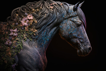 Portrait of the horse of iridescent descent, unusually uniquely beautiful animal, with flowers and plants. Generative AI.
