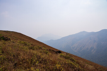 beautiful view of Western ghats mountain range seen from Devarmane Peak, Karnataka, India.