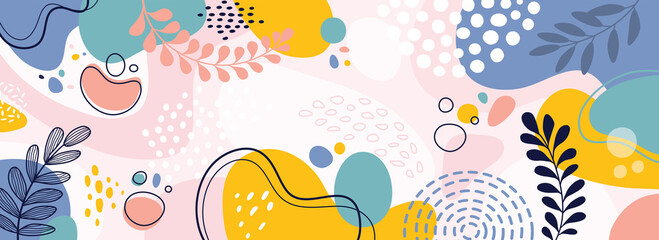 Fototapeta premium Design banner frame background .Colorful poster background vector illustration.Exotic plants, branches,art print for beauty, fashion and natural products,wellness, wedding and event.