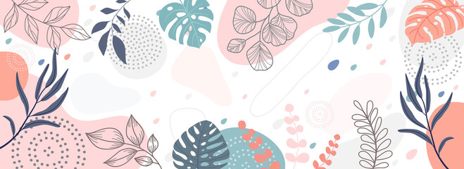 Design banner frame background .Colorful poster background vector illustration.Exotic plants, branches,art print for beauty, fashion and natural products,wellness, wedding and event.