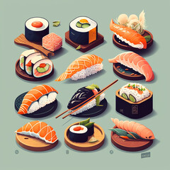 Illustration of various pieces of sushi. Generative AI.