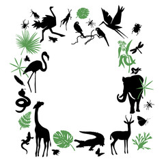 Jungle animals, frame. Vector pattern with tropical plants, safari animals, elephant, alligator, flamingo, giraffe