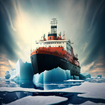 Icebreaker ship in the Arctic ocean. Generative AI.
