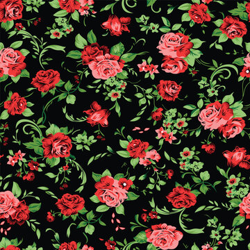 vector rose flower seamless pattern on black background, textile floral pattern print design