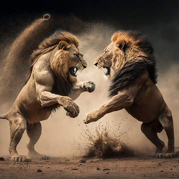 Two lions fighting. Generative AI.