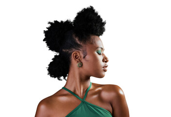 A black woman with a green makeup on face and skin for beauty, fashion and cosmetics isolated on a...
