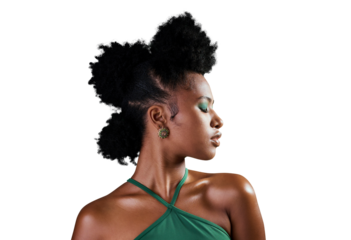 A black woman with a green makeup on face and skin for beauty, fashion and cosmetics isolated on a png background.