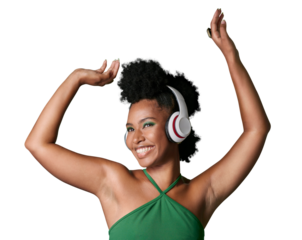 A music, radio dance and black woman with smile while streaming podcast. Happy and smiling African female dancing energitacally listening audio with headphones isolated on a png background.