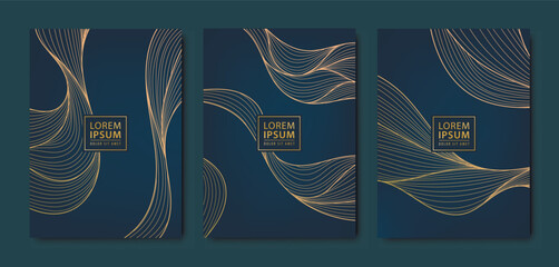 Vector japanese leaves art deco patterns. Wavy, sea golden elements template in vintage style. Luxury black line covers, flyers, brochures, packaging design, social media post, banners