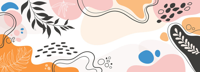 Design banner frame background .Colorful poster background vector illustration.Exotic plants, branches,art print for beauty, fashion and natural products,wellness, wedding and event.