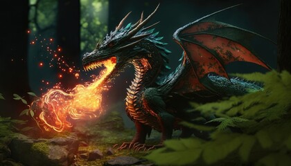 Fototapeta premium A 3D Animation of a Fire-Breathing Dragon in a Mythical Forest generative ai