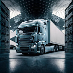 Transport truck in a logistics center. Generative AI.