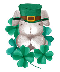 Cute St.Patrick's Day plush fluffy baby dog or puppy in an Irish hat with clover and shamrock. Cartoon child character. Digital watercolor illustration. Greeting card. Stylized decorative symbol.