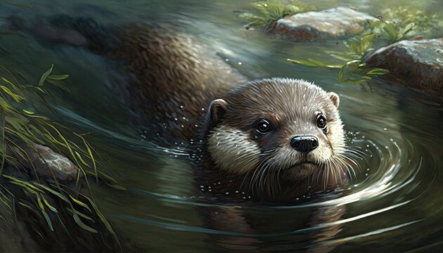 A Close-Up of a Playful Otter Swimming in a Stream generative ai