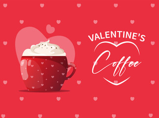 red cup with cappuccino on red background