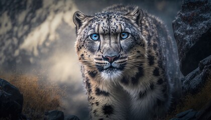 A Macro Shot of a Majestic Snow Leopard Prowling Through the Himalayas generative ai