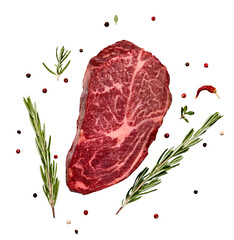Fresh marbled beef rib eye steak and spices on transparent background